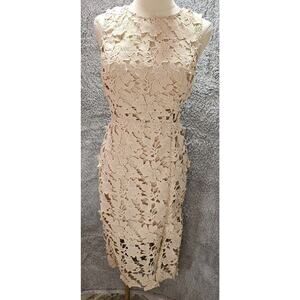 FOREVER 21 Cream Nude Emb Lace Overlay Taupe Bodycon Midi‎ Dress SEE~ Sz Med 6 8